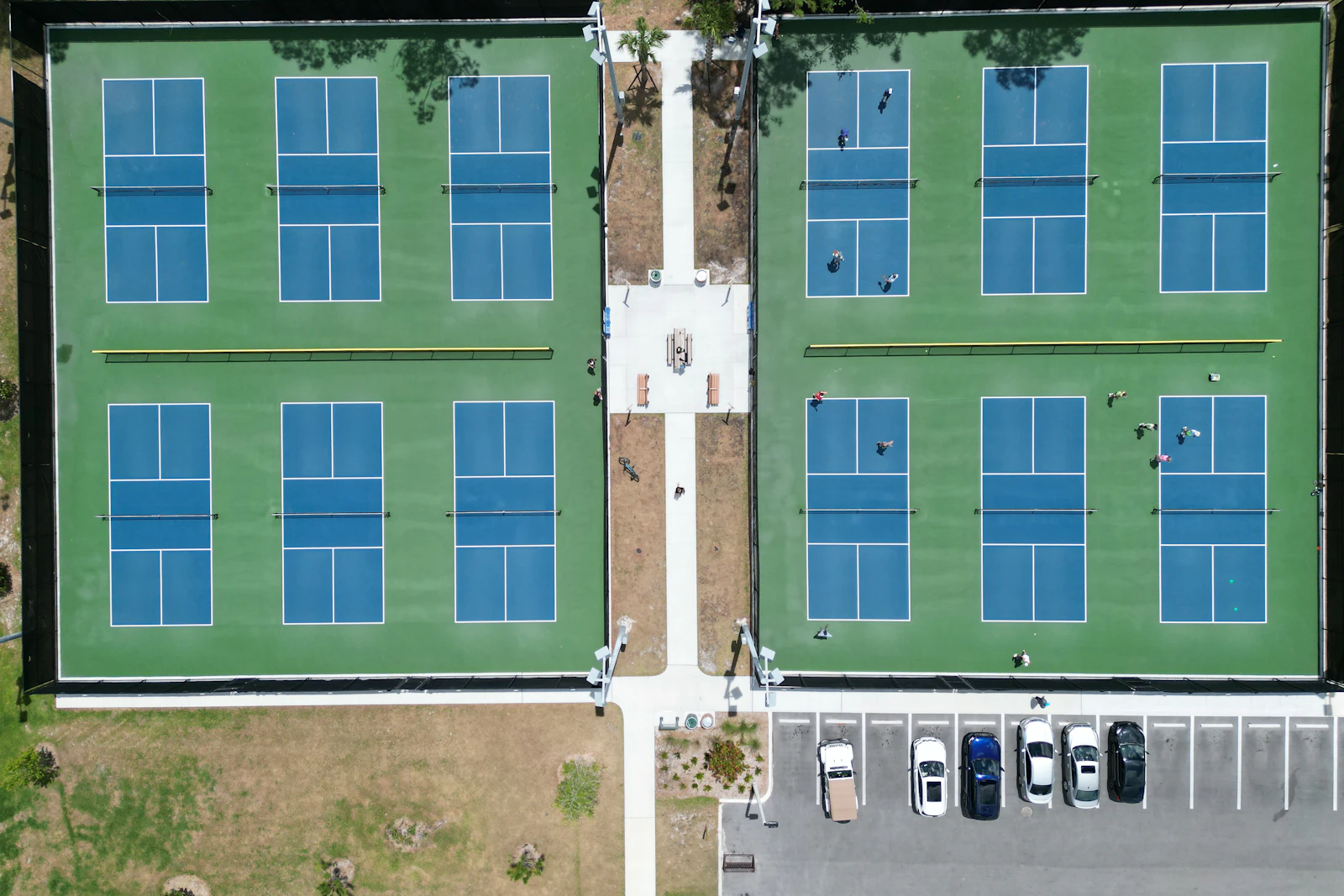 An aerial view of outdoor pickleball courts